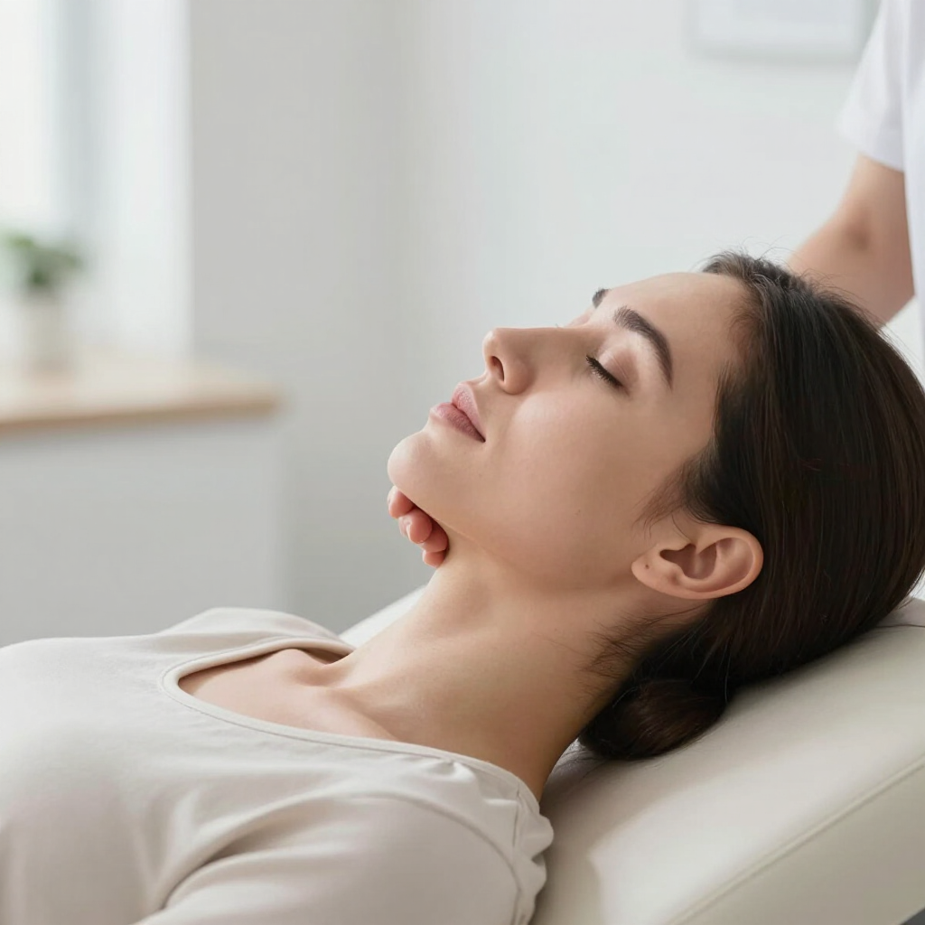 Mujer tumbada en una camilla de spa con los ojos cerrados durante un tratamiento facial.