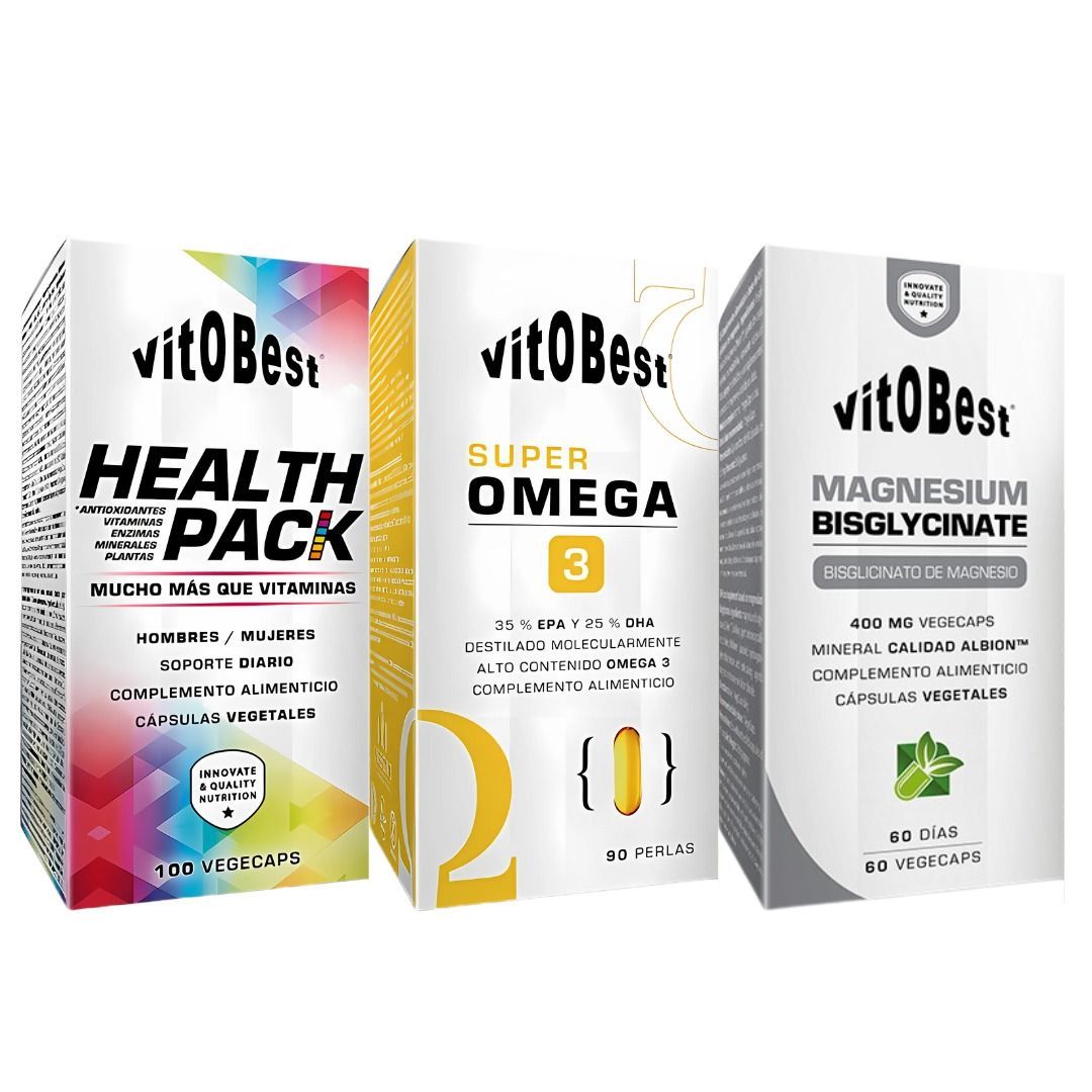 Tres cajas de productos Vitobest están una al lado de la otra sobre un fondo blanco.