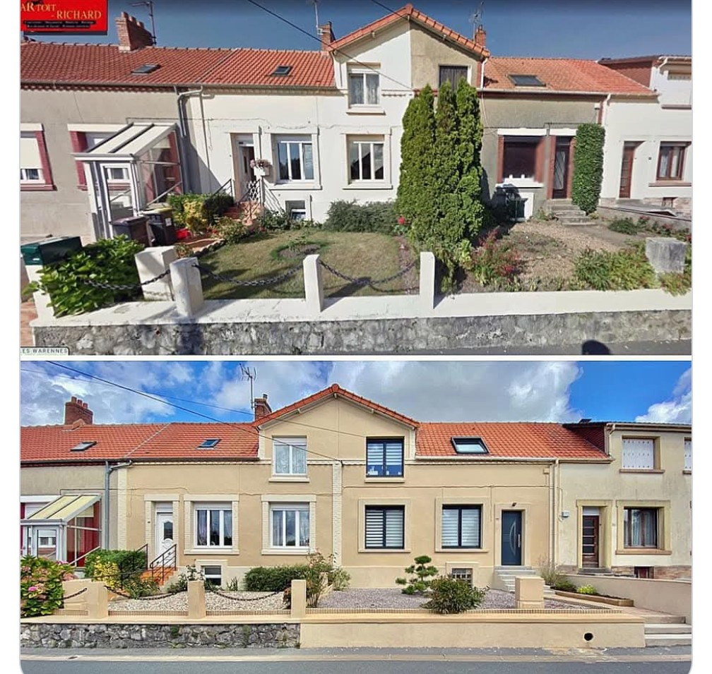 Vue avant et après d'une rangée de maisons dont les façades et les aménagements paysagers ont été modernisés ; journée ensoleillée.