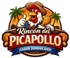 Logotipo de una mascota de pollo asado sonriente con una palmera y el texto &ldquo;Rinc&oacute;n del Picapollo&rdquo; y &ldquo;&iexcl;Sabor Dominicano!&rdquo;