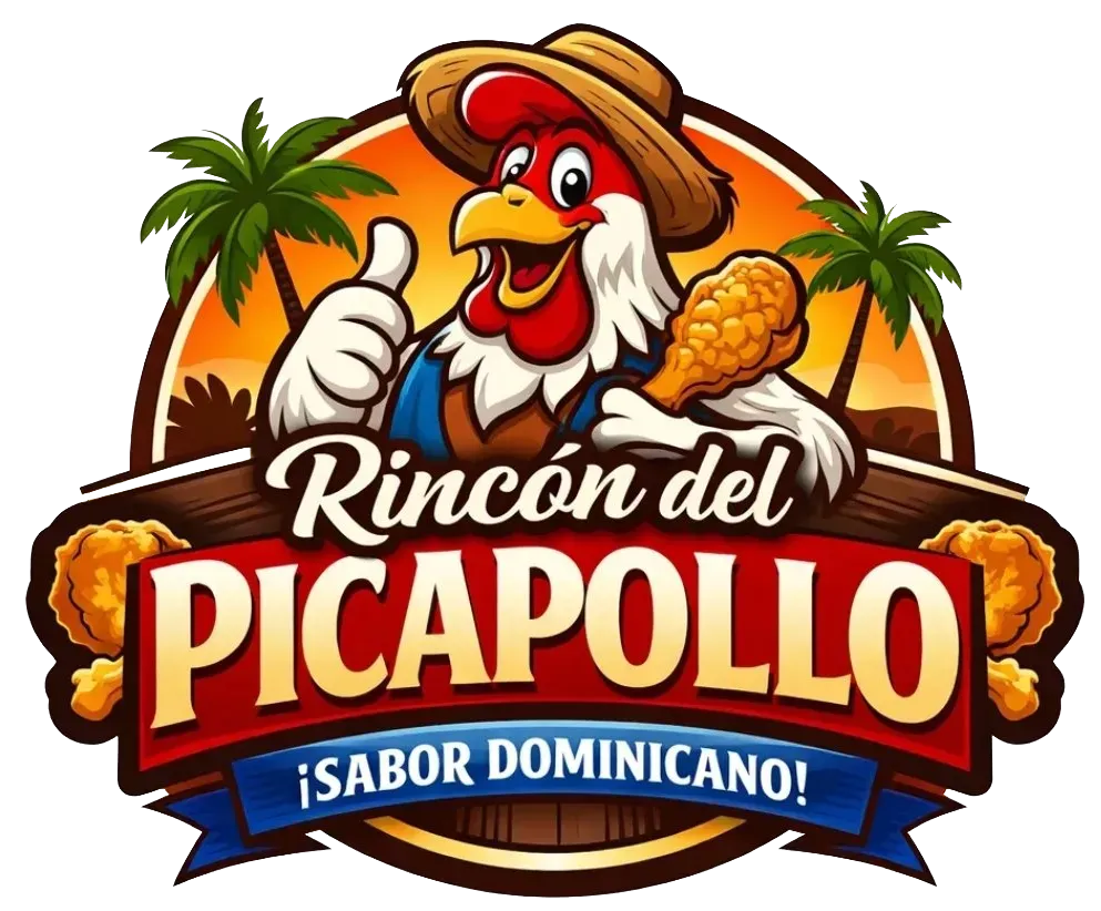 Logotipo de una mascota de pollo asado sonriente con una palmera y el texto &ldquo;Rinc&oacute;n del Picapollo&rdquo; y &ldquo;&iexcl;Sabor Dominicano!&rdquo;