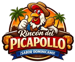 Logotipo de una mascota de pollo asado sonriente con una palmera y el texto &ldquo;Rinc&oacute;n del Picapollo&rdquo; y &ldquo;&iexcl;Sabor Dominicano!&rdquo;