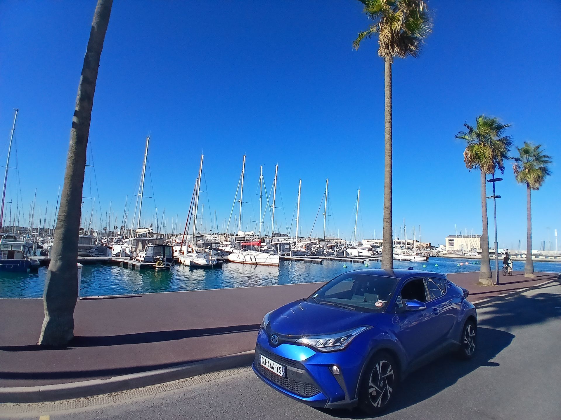 Voiture bleue garée près d'un port de plaisance avec des voiliers et des palmiers sous un ciel d'un bleu éclatant.