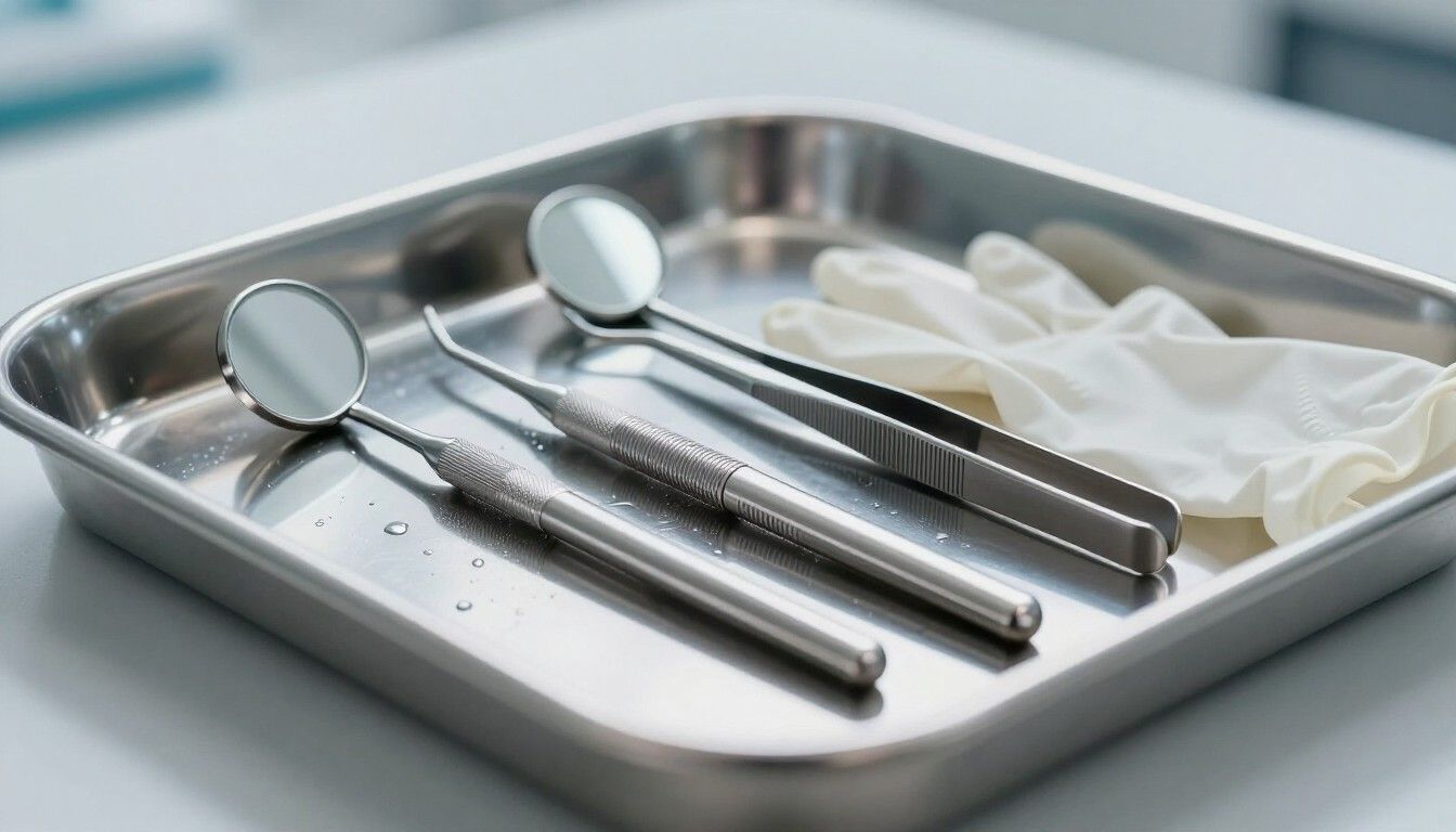 Los instrumentos dentales, incluidos dos espejos y unas pinzas, reposan sobre una bandeja metálica