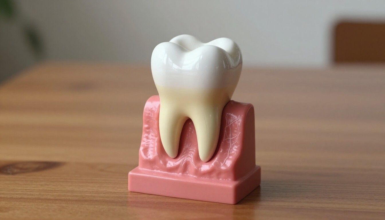 Una maqueta de un diente humano con raíces incrustadas en una base de encía rosada, colocada sobre una mesa de madera.