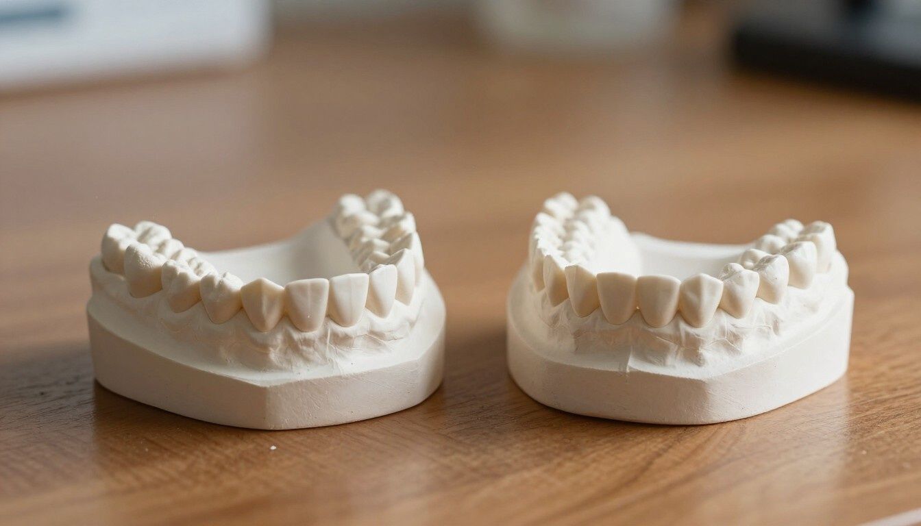 Dos moldes dentales de yeso blanco colocados uno al lado del otro sobre una superficie de madera.