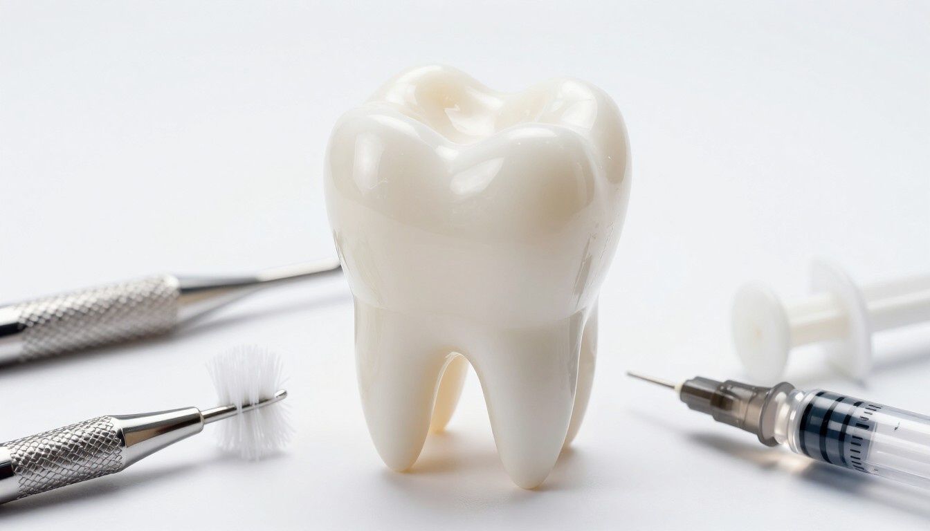 Un modelo realista de un diente blanco, situado en el centro entre instrumentos dentales
