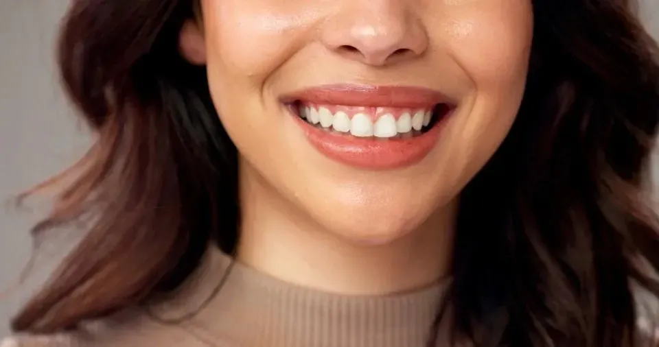 Primer plano de una persona con una sonrisa cálida y amable, que muestra unos dientes perfectamente alineados