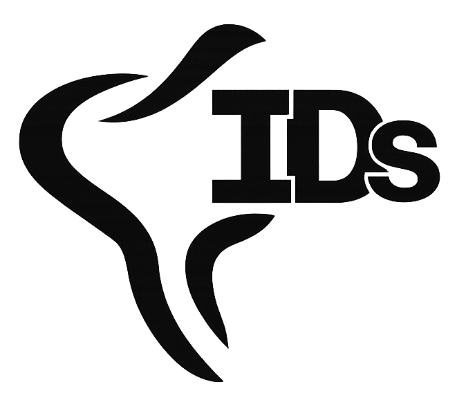 Un logotipo en blanco y negro con las letras "IDs" estilizadas para que se asemejen a la forma de un diente.