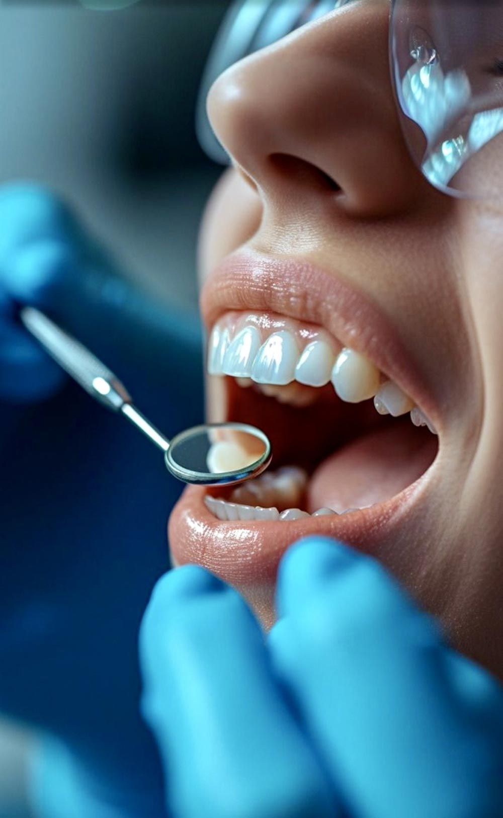 Dentista examinando la boca abierta de un paciente con un espejo y guantes azules.