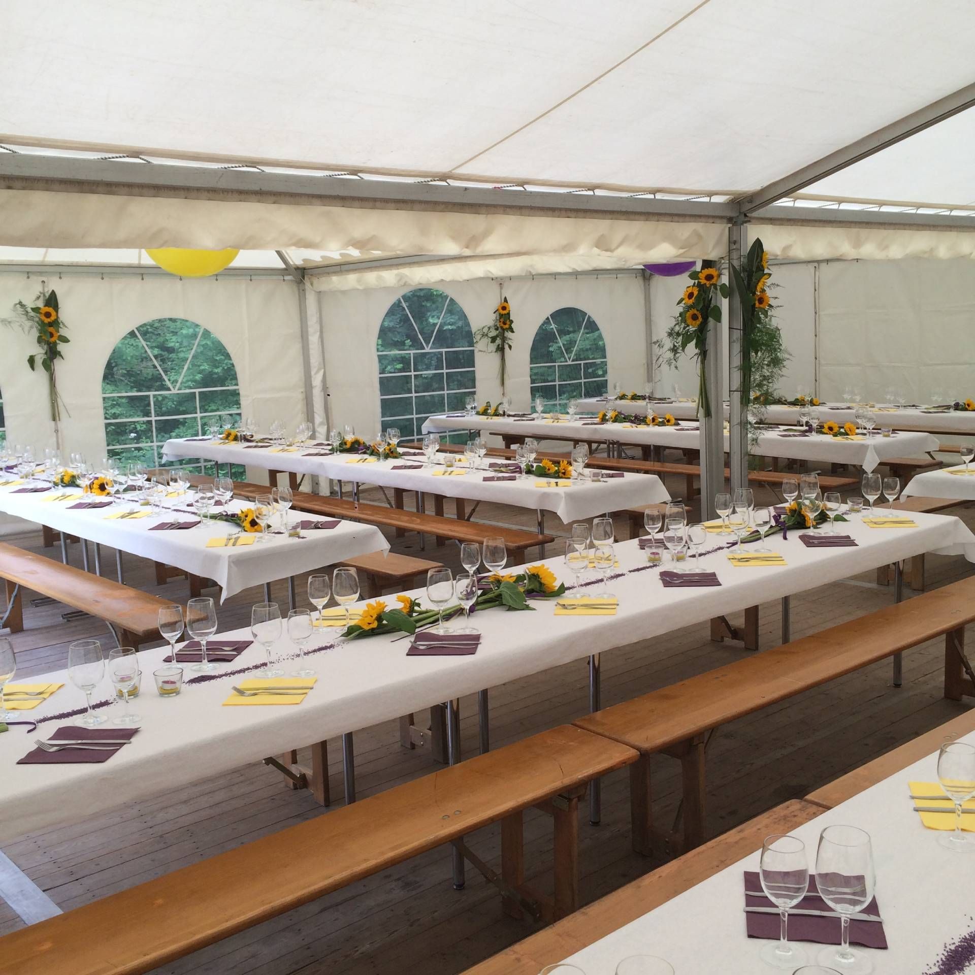 Reihen von Picknicktischen unter einem weißen Festzelt, gedeckt für ein Bankett mit weißen Tischdecken und gelben Blumen.