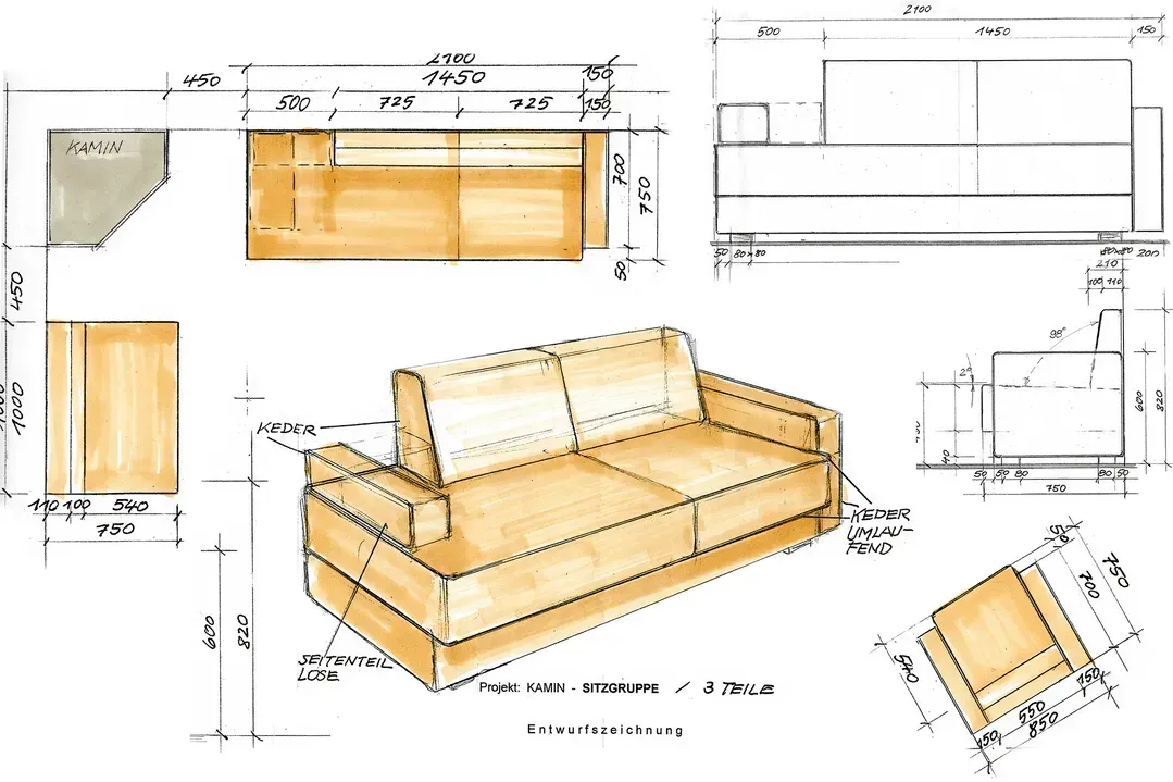 Beschriftete Skizze eines hellbraunen Schlafsofas mit Maßen und mehreren Ansichten
