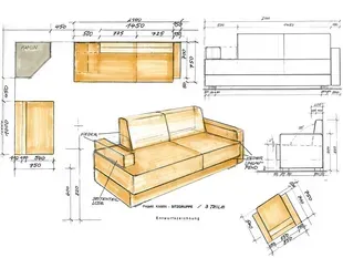 Entwurfsskizze eines Holzsofas mit bemaßten Ansichten von vorne, von der Seite, von oben und aus der Perspektive.