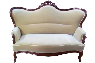 Vintage-Zweisitzer-Sofa in Cremeweiß mit dunklem, geschnitztem Holzrahmen und Beinen