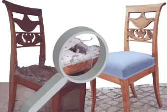 Rotes, 3D-gedrucktes mechanisches Bauteil neben technischen Skizzen und Maßangaben.