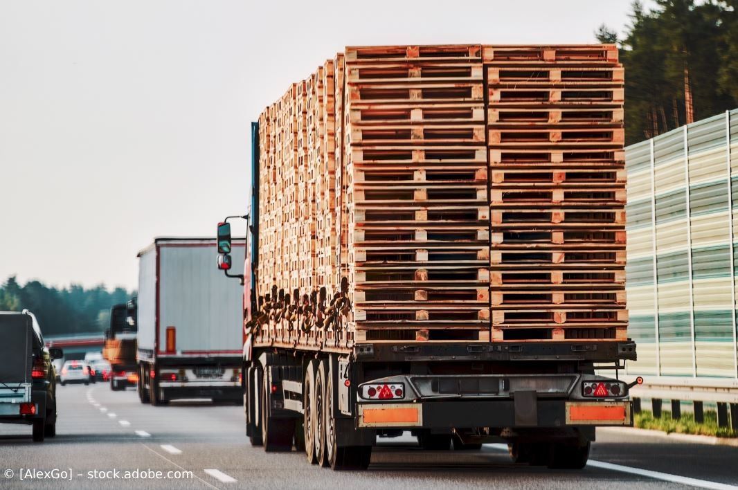 Ein Lkw mit gestapelten Holzpaletten fährt auf einer Autobahn; im Bild sind weitere Fahrzeuge und eine Leitplanke zu sehen.
