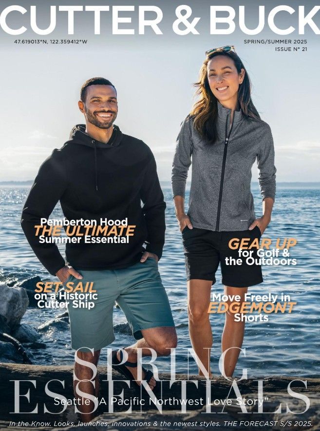 Couverture du magazine Cutter & Buck. Couple posant, bord de mer en arrière-plan. Homme en sweat à capuche et short. Femme en veste et short.