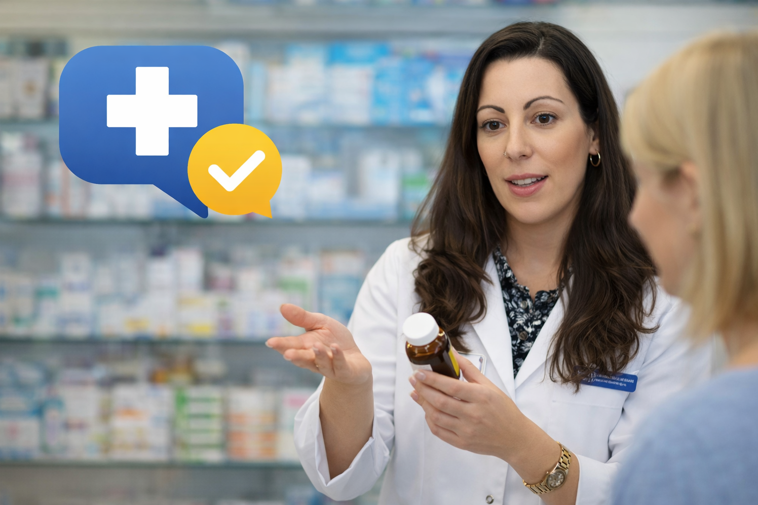 Un farmacéutico dando consejo