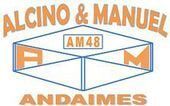 Logotipo da Alcino & Manuel Andaimes, texto laranja com um gr&aacute;fico azul e branco.