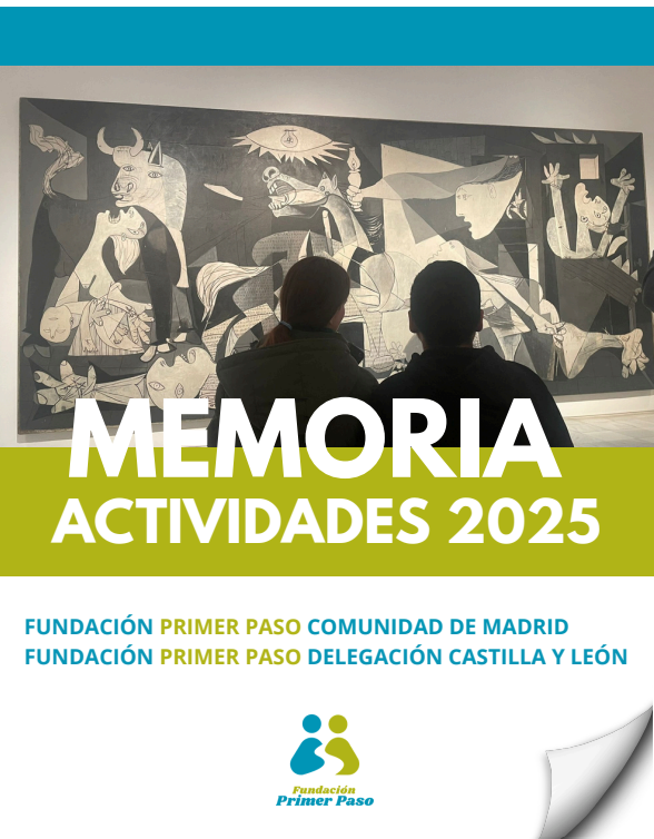 Cartel de Memoria Actividades 2025 con mural y dos figuras en silueta, texto azul y verde lima.