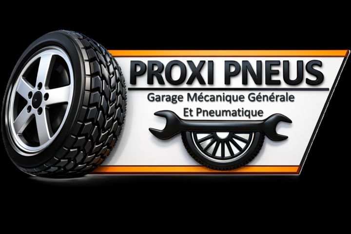 Logo Proxi Pneus avec pneu et cl&eacute;, panneau de r&eacute;paration automobile noir et orange
