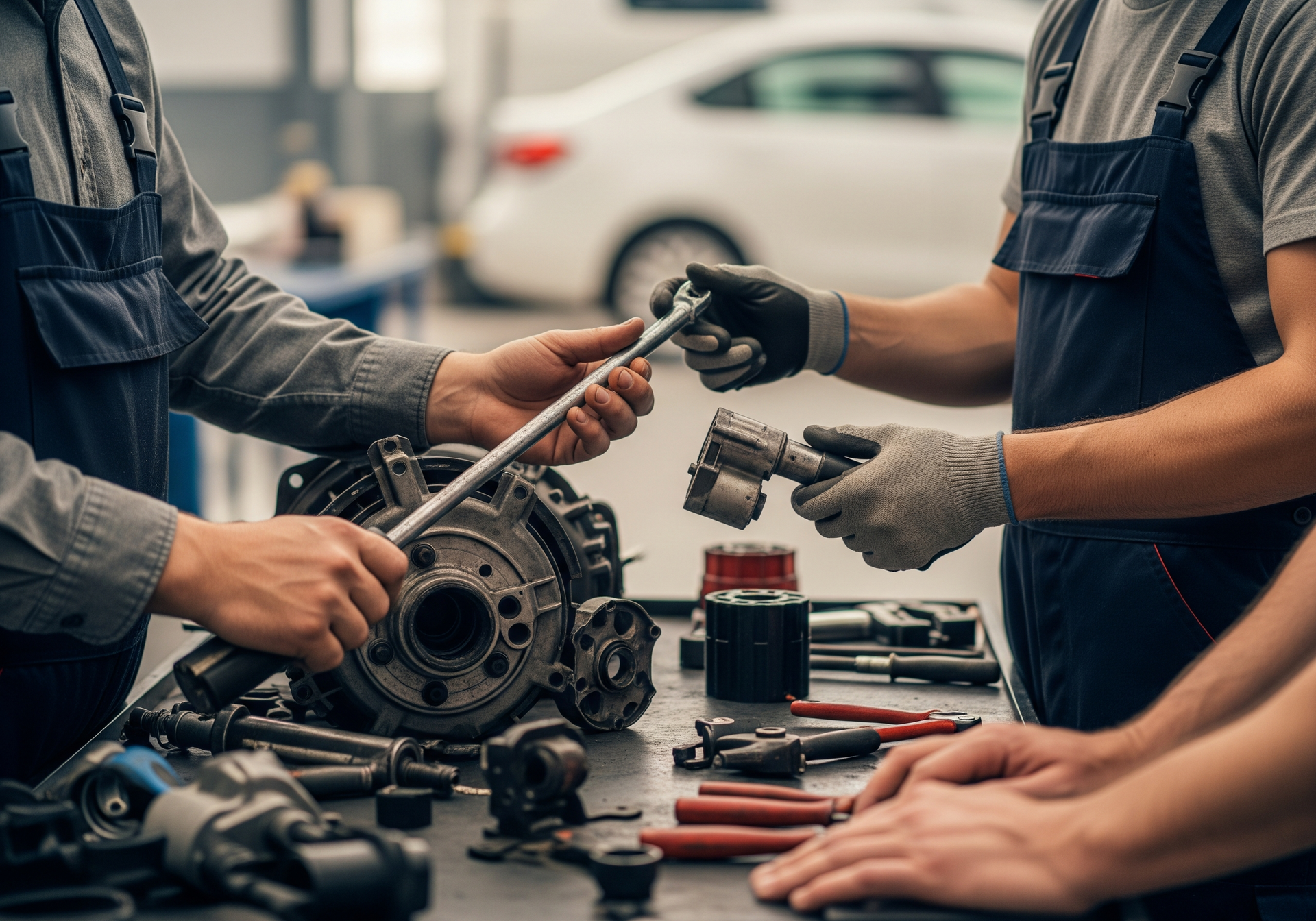 Des mécaniciens travaillent sur un moteur de voiture avec des outils dans un atelier de réparation automobile.
