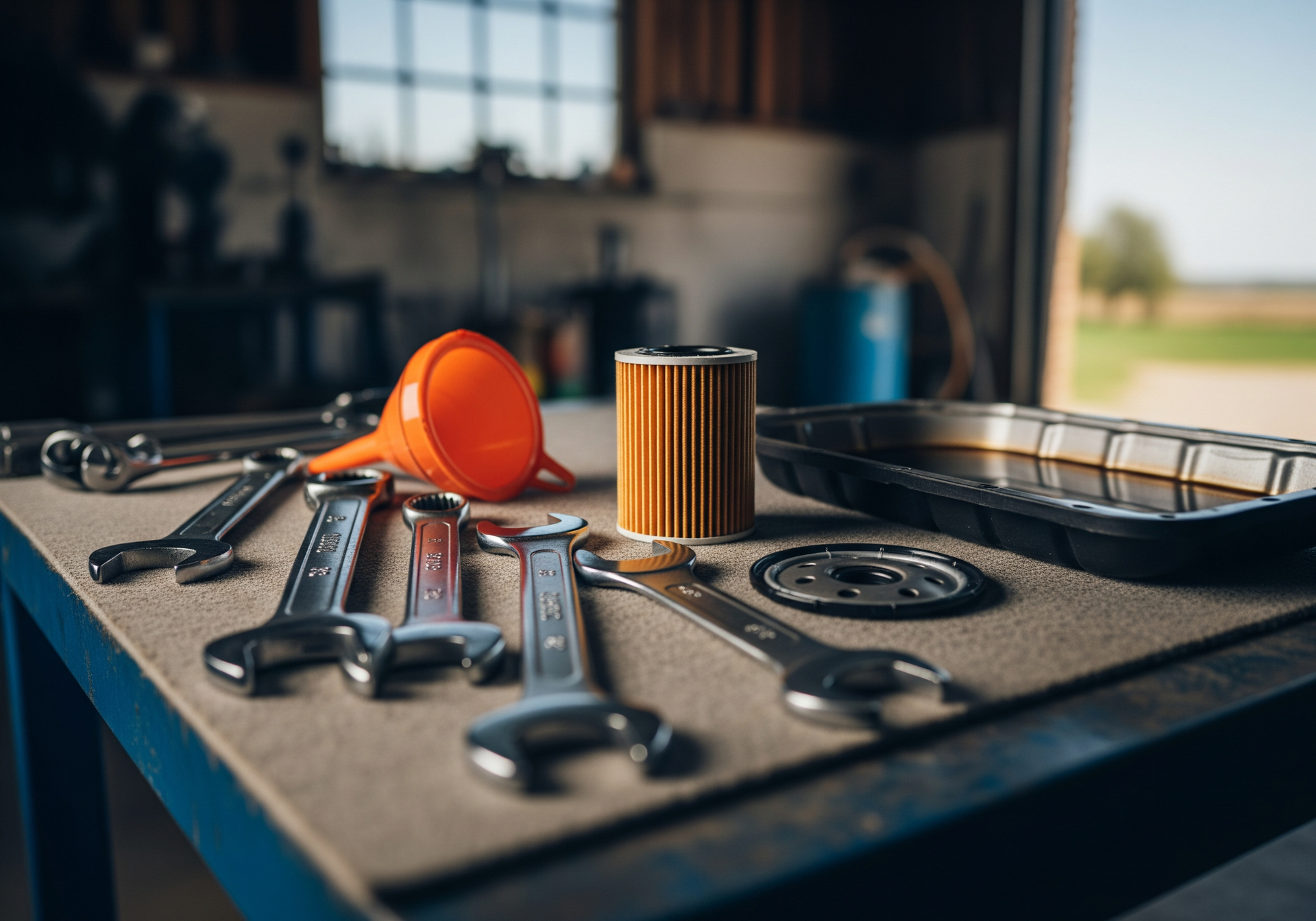 Outils et pièces sur un établi, avec un casque de chantier orange et une cartouche filtrante en métal