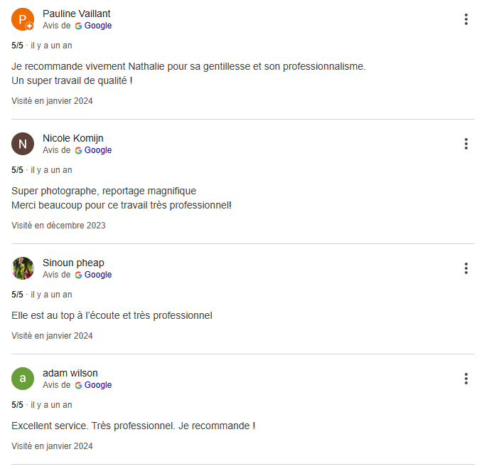 Liste d'avis google de l'entreprise