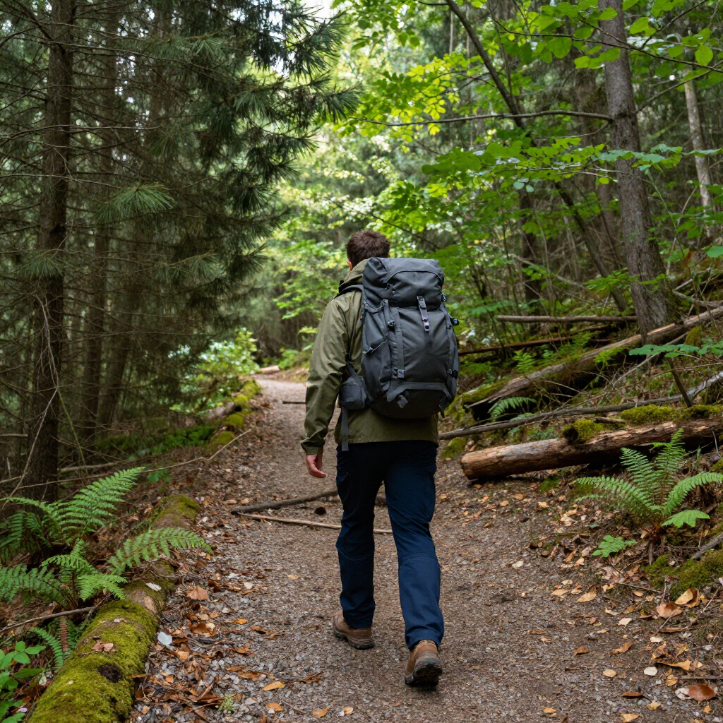 Un excursionista con una mochila negra camina por un sendero forestal rodeado de árboles y helechos.