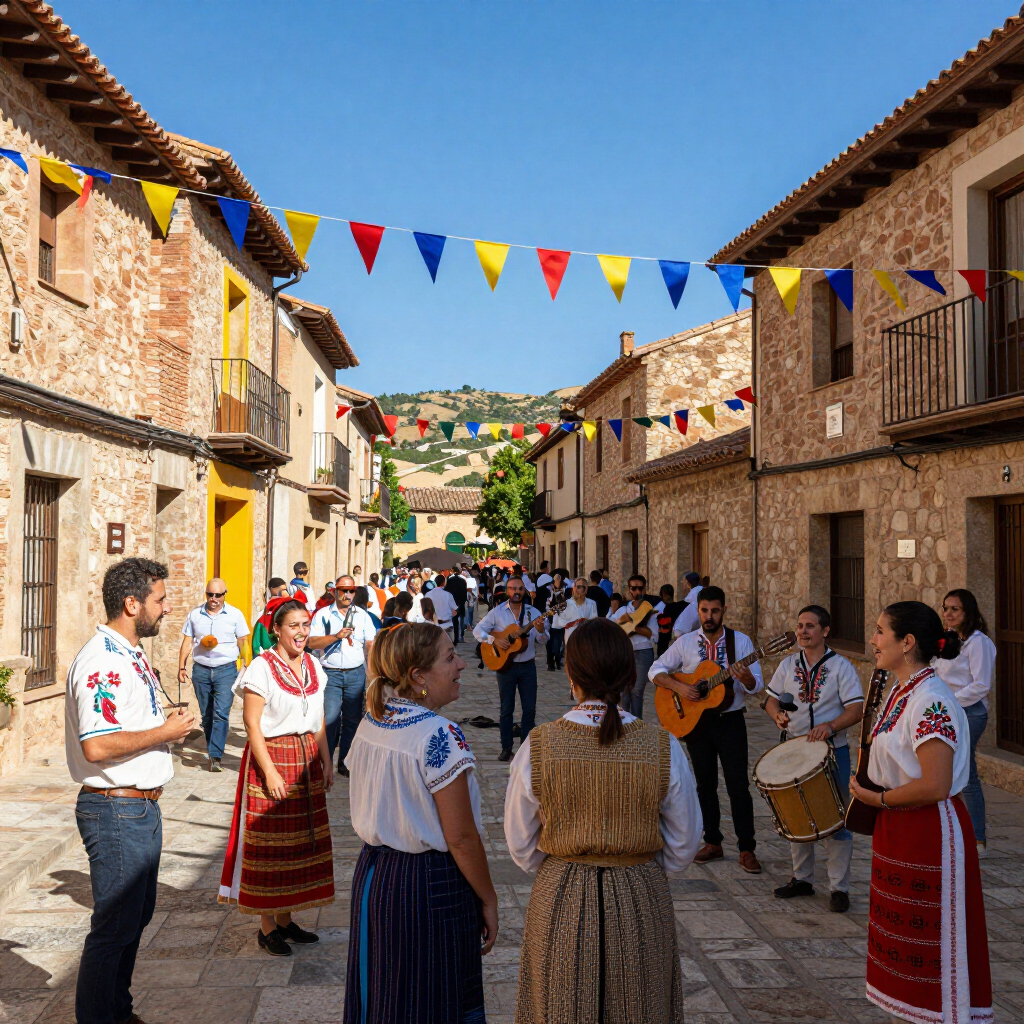 Músicos y bailarines folclóricos tradicionales se reúnen en una calle empedrada del pueblo, bajo coloridas banderolas.