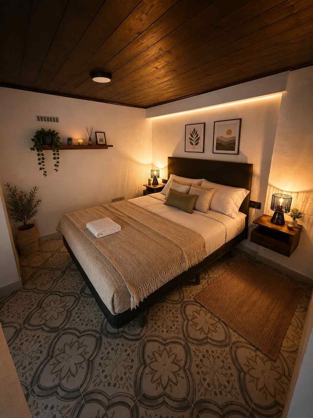 Habitación acogedora con cama hecha, iluminación cálida, alfombra estampada, cuadros en la pared y techo de madera.