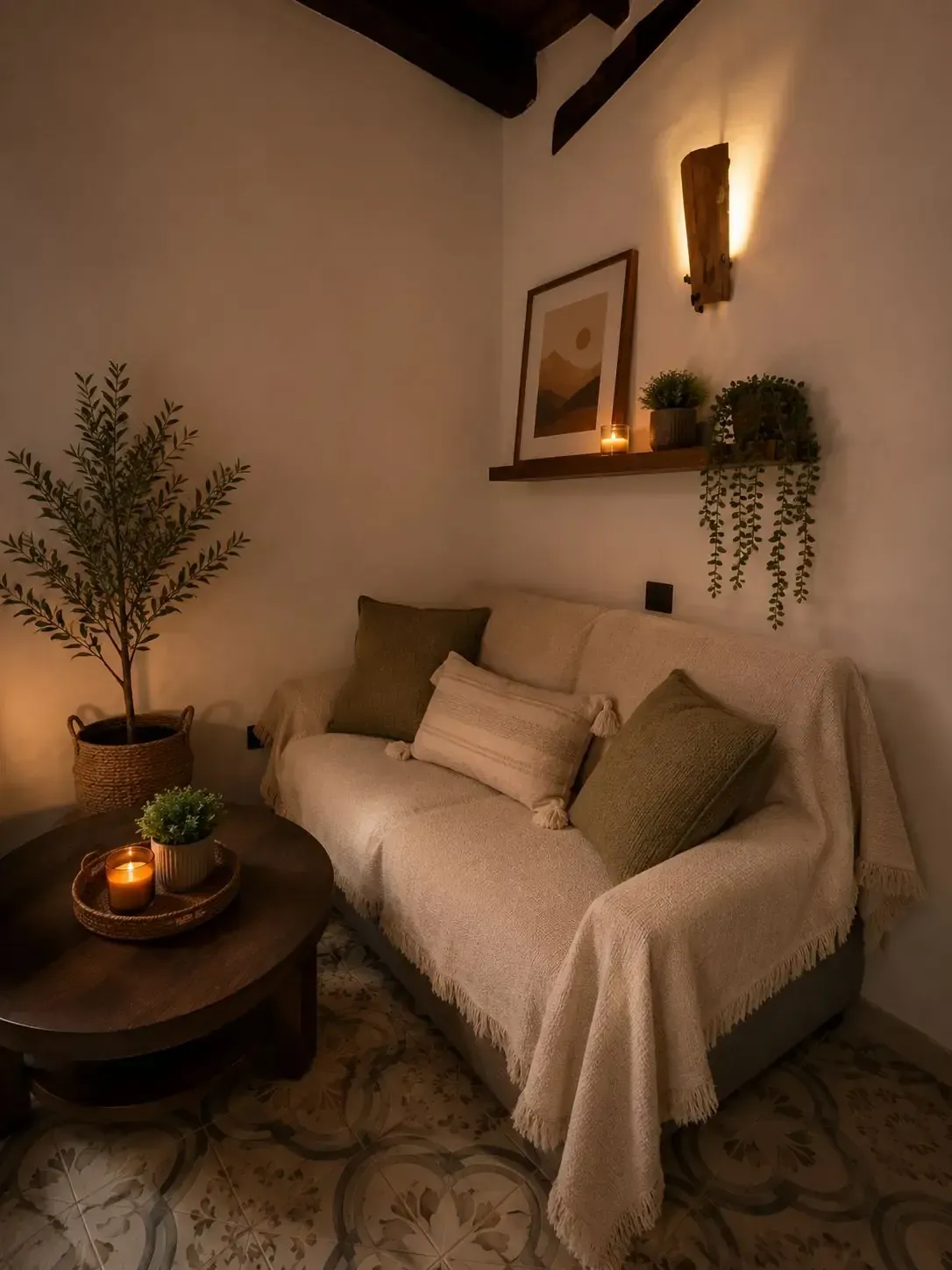 Acogedora sala de estar de color beige con sofá, mesa de centro redonda, lámpara cálida y decoración con plantas en maceta.