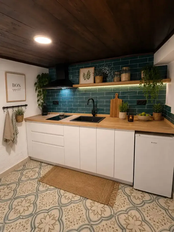 Cocina compacta con armarios blancos, encimera de madera, salpicadero de azulejos color verde azulado.