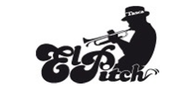 Silueta negra de un trompetista con el logotipo de texto estilizado "El Pitch".