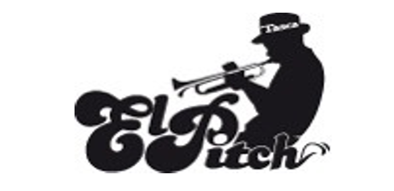 Silueta negra de un trompetista con el logotipo de texto estilizado "El Pitch".