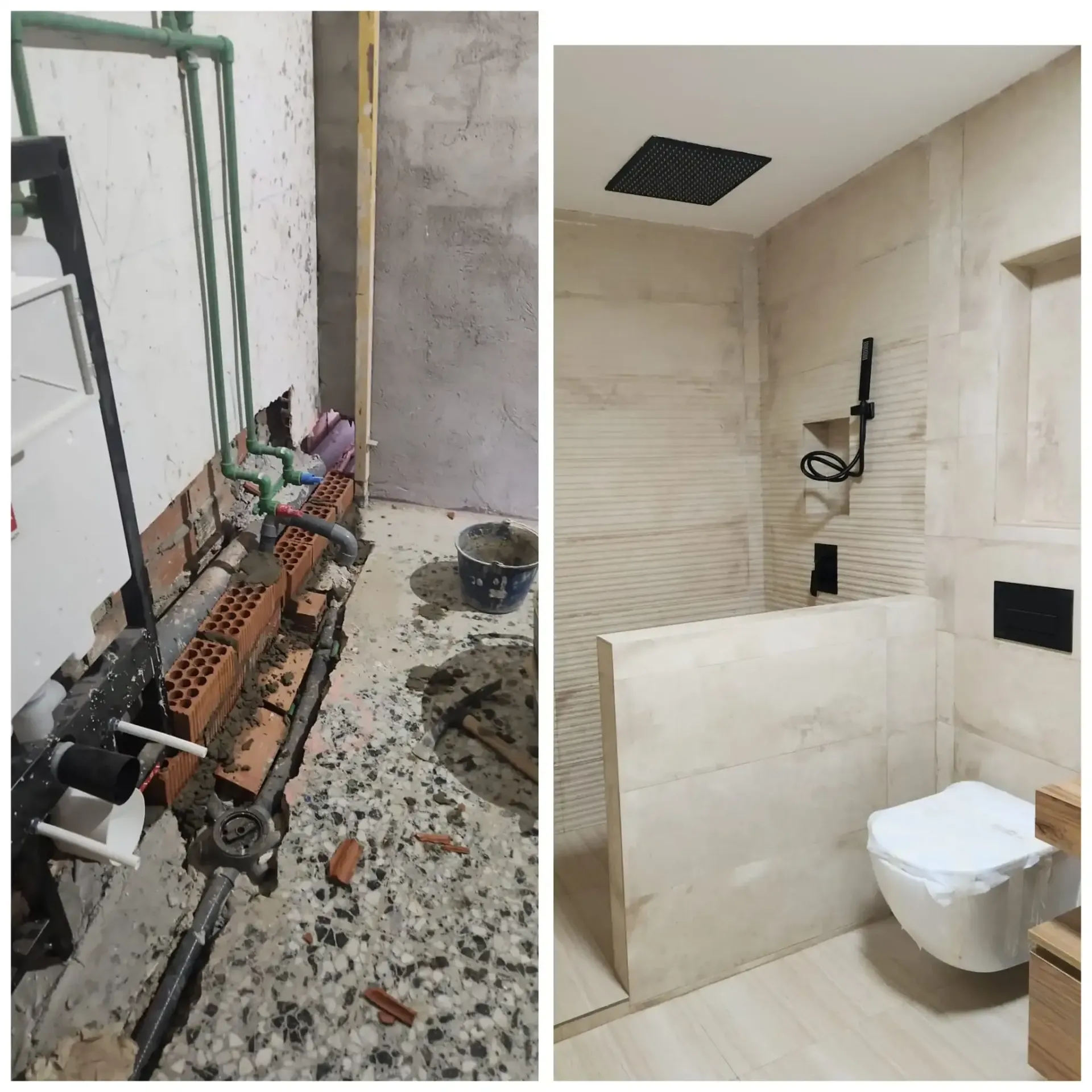Baño en construcción: a la izquierda, tuberías sin terminar y escombros; a la derecha, ducha y inodoro