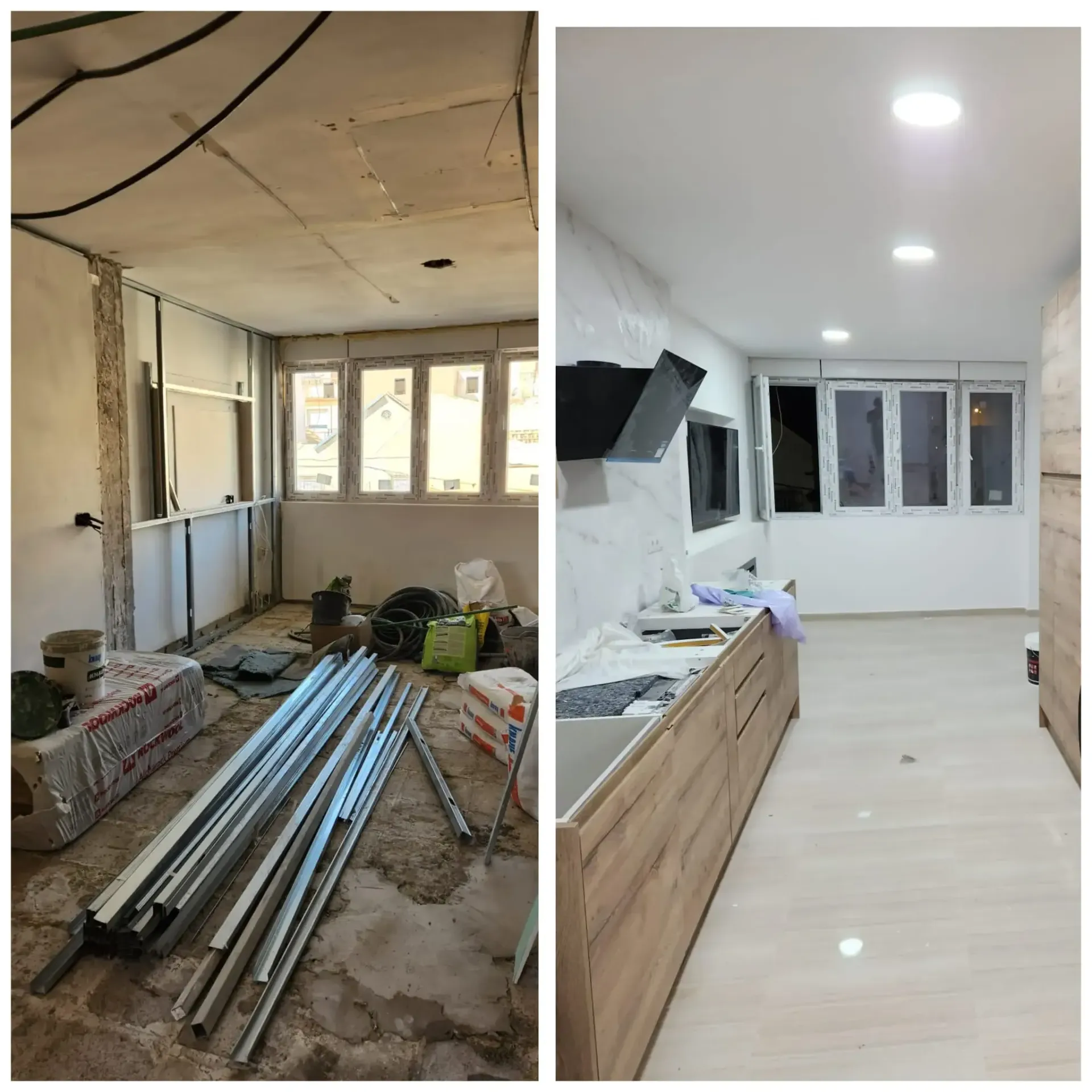 Antes y después de la reforma de la cocina: a la izquierda, habitación sin terminar con materiales