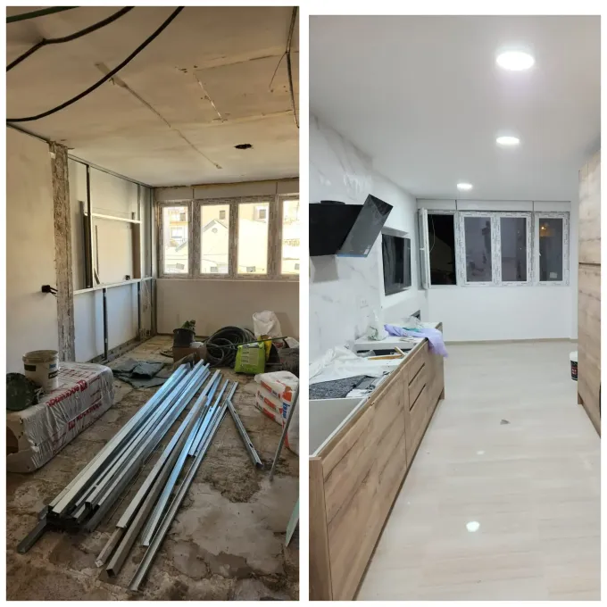 Antes y después de la reforma de la cocina: a la izquierda, habitación sin terminar con materiales