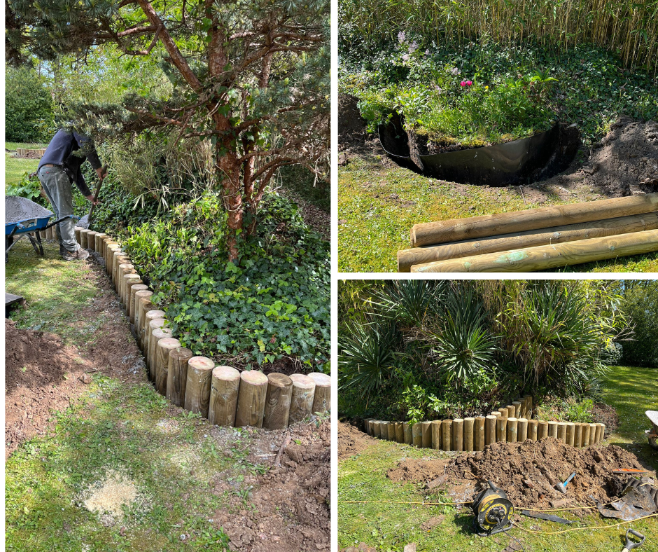 Montage photos de la construction d'un muret en rondins de bois