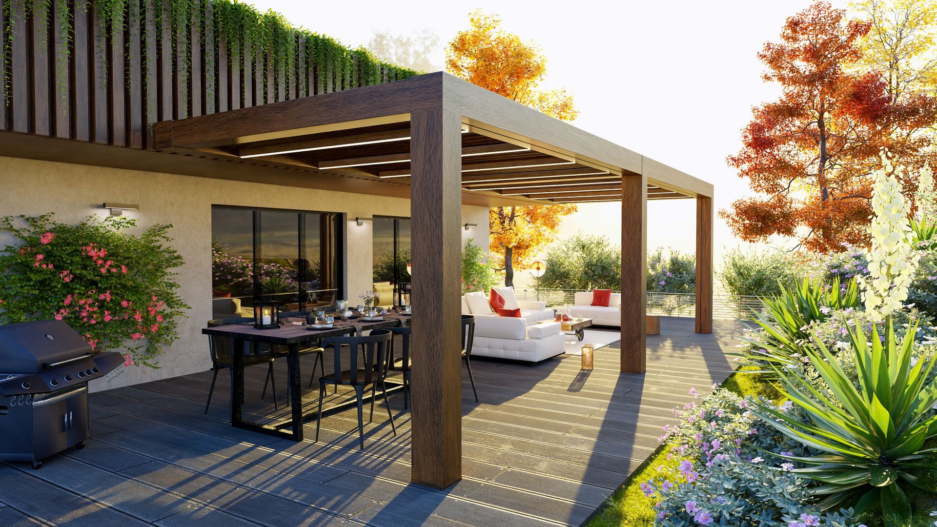 Terrasse moderne dans un jardin avec pergola
