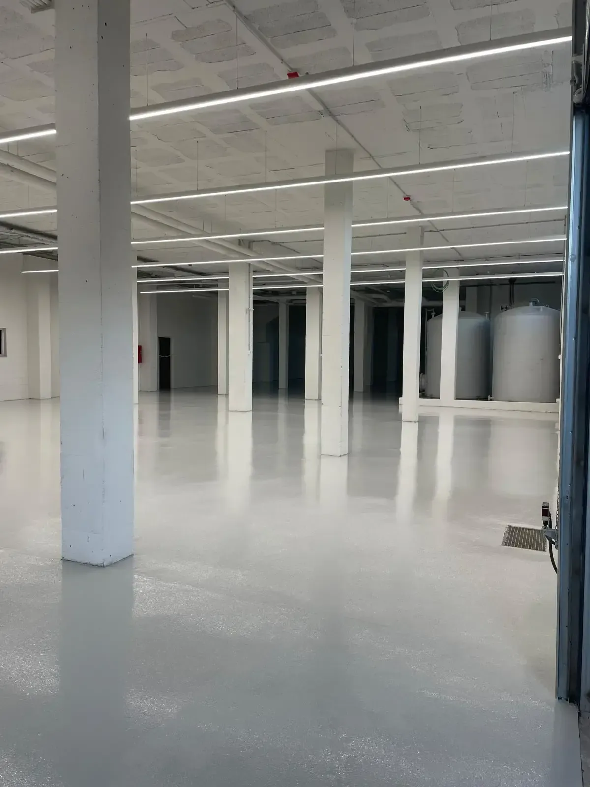 Interior de almacén vacío, espacioso, de paredes blancas, con piso de concreto, pilares.