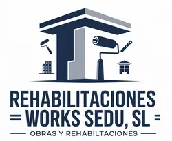 Logotipo para "Rehabilitaciones Works Sedu, SL", con un edificio, herramientas y texto.
