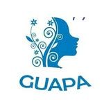 Silueta azul de rostro de mujer con diseño floral; texto "GUAPA" debajo.