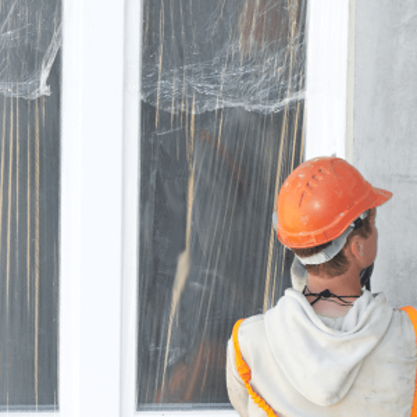 Un ouvrier portant un casque orange et un gilet de sécurité travaille sur une fenêtre recouverte d'un film plastique protecteur.