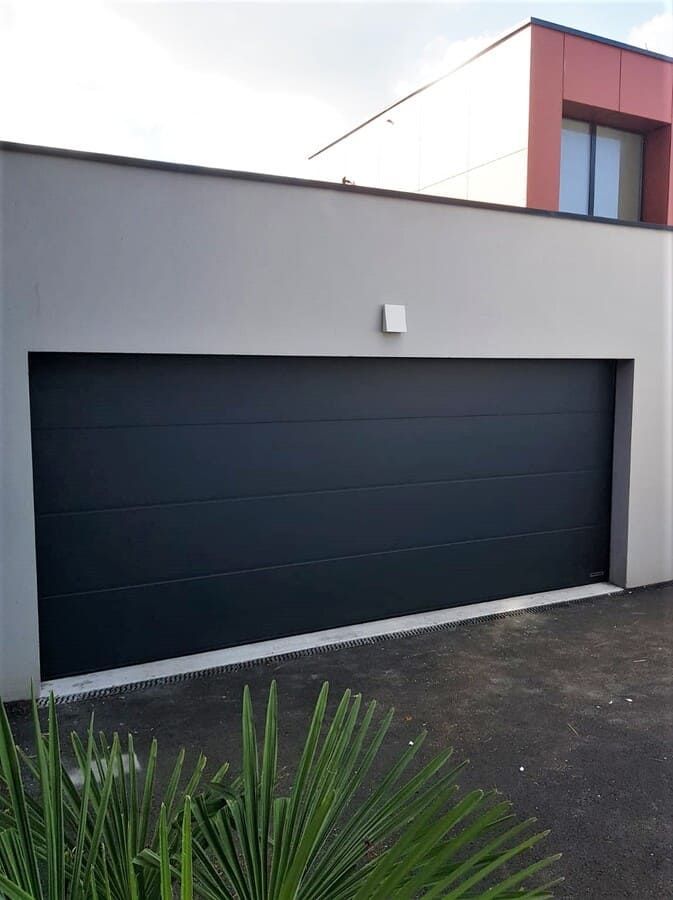 Extérieur d'une maison moderne avec une porte de garage sombre et une petite plante au premier plan