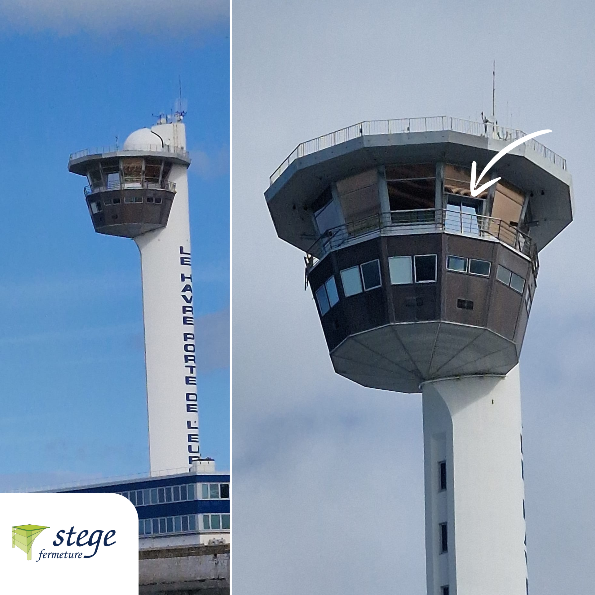 Gros plan sur la tour de contrôle d'un aéroport, une flèche blanche pointant vers une fenêtre de la cabine supérieure.