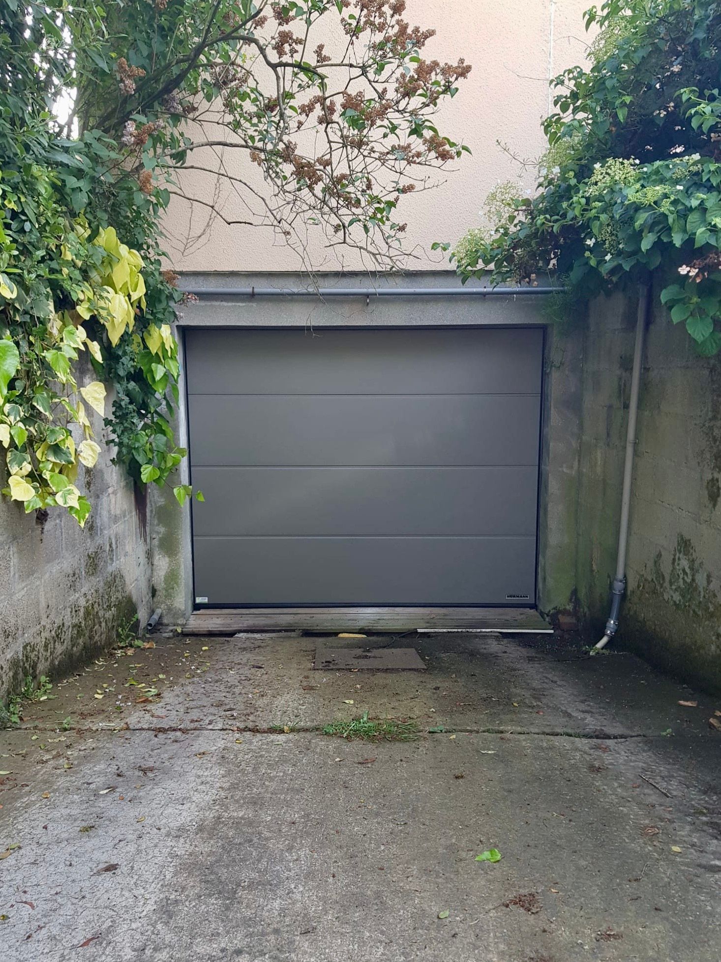 Porte de garage grise au bout d'une allée étroite en béton, encadrée par une végétation luxuriante