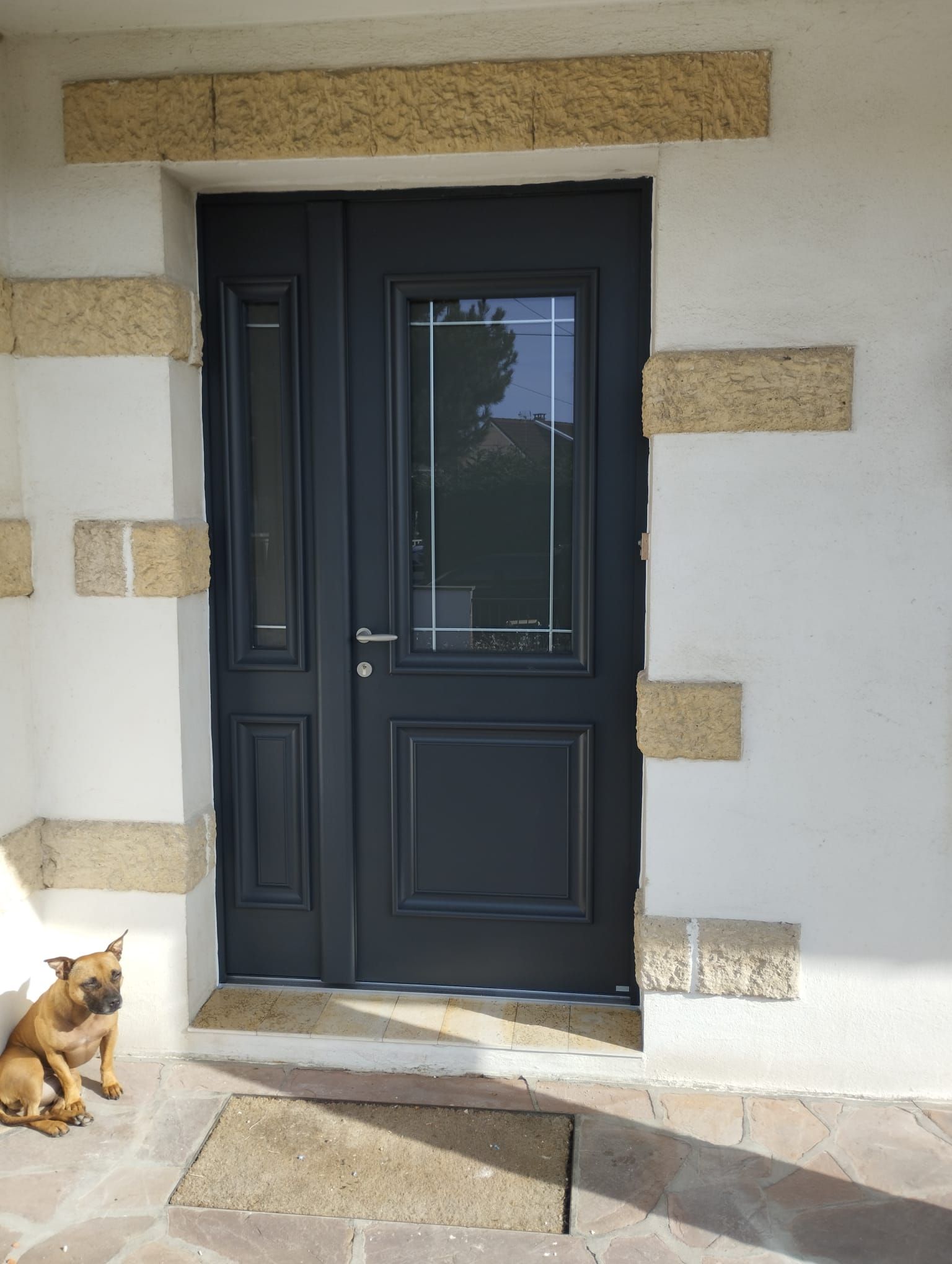 Porte d'entrée noire ornée de pierres décoratives, et un petit chien assis sur le porche à gauche.