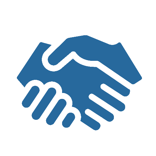 Ein blau-weißes Handshake-Symbol auf weißem Hintergrund.