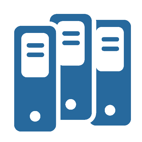 Ein blaues Symbol mit drei Servern auf weißem Hintergrund.